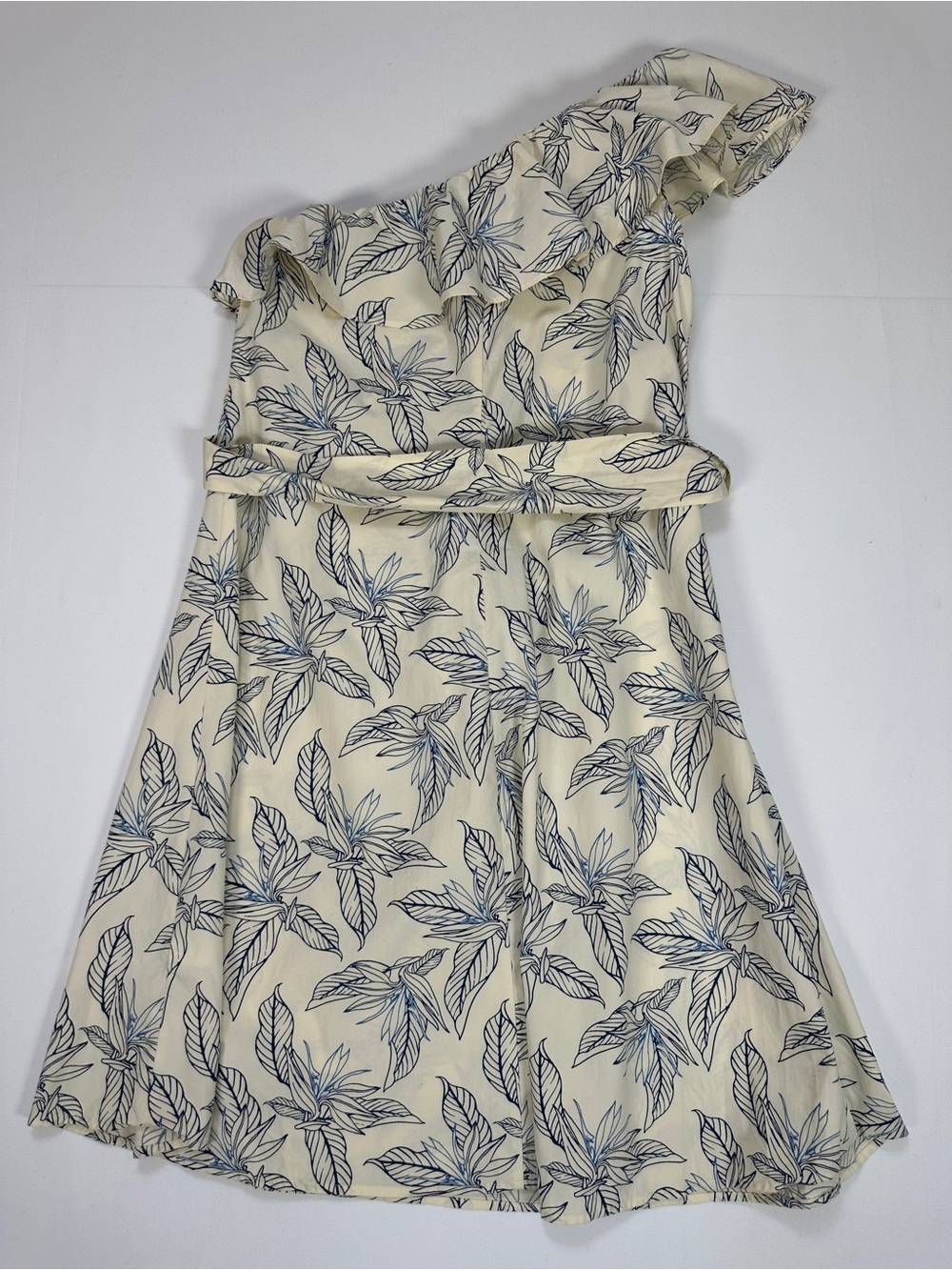 Banana Republic One Shoulder Midi Dress Cotton Poplin Blue Floral Cream Size M - Picture 9 of 9